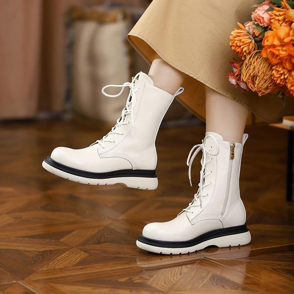 

boots female motorcycle for women autumn winter thick med heels lace up shoes woman genuine leather wedding ankle, Black