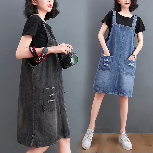

casual dresses dressed in women's overalls, black, blue, sleeveless, straight thread, dress, loose, casual, handle spaghetti, knee heig, Black;gray