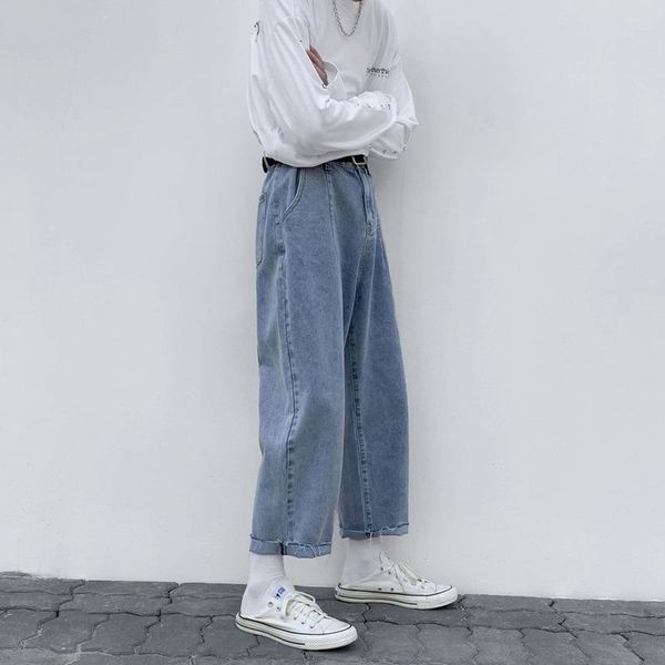 

korean cotton wide-leg jeans men's fashion casual retro jeans men streetwear loose hip-hop straight denim trousers mens -3xl, Blue