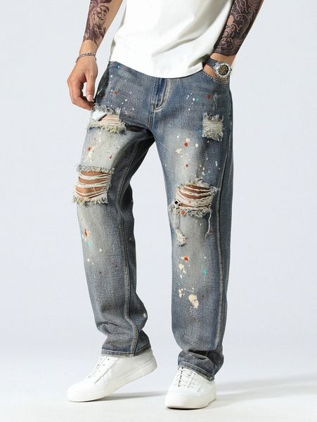 

men paint splatter ladder distressed jeans y8g4#, Blue