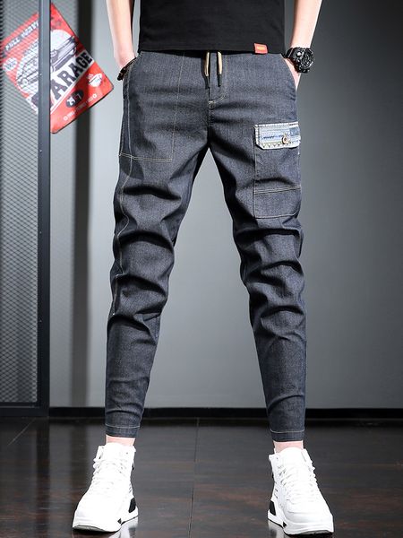 

2021 vero masculino casuais moda bolsos decorao magro ajuste calas wnk8, Black