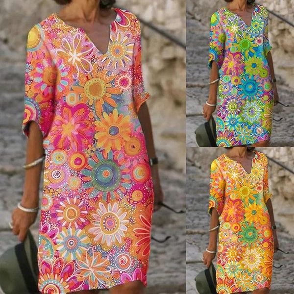 

women's wool & blends spring and summer skirt fashion print v-neck 5-sleeve multi color medium length dress, Black