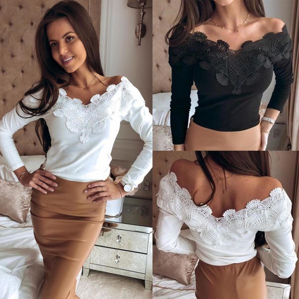 

2021 fashion low cut off shoulder lace black white long sleeve polyester women blouse and shirt off shoulder top