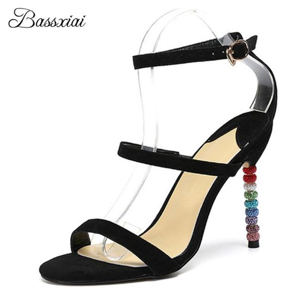 

sandals luxury suede one-strap party women colorful beading high heels open toe runway sandalias de mujer summer, Black