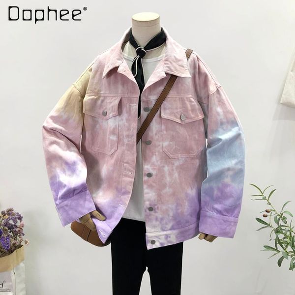 

women's jackets 2021 spring and autumn cartoon printed denim jacket female students loose tie-dyed gradient color coat outwear, Black;brown