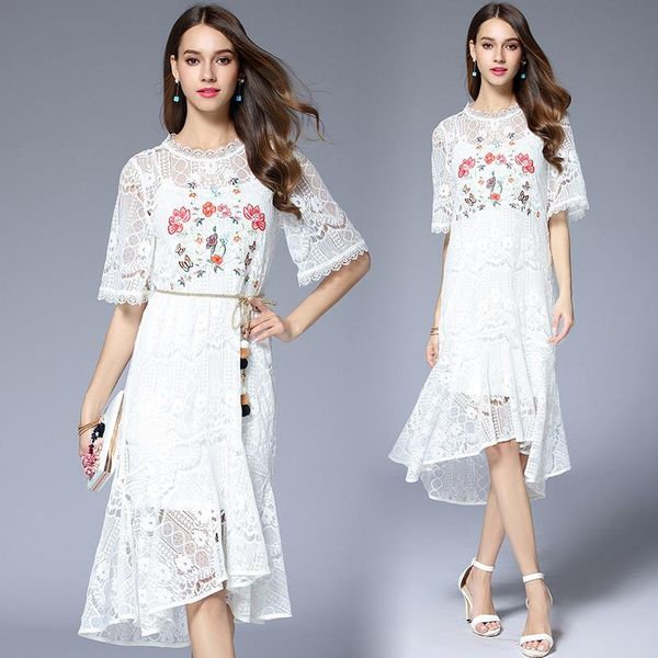 

maternity dresses 2021 fashion summer runway vestidos short sleeve floral embroidery lace dress, White
