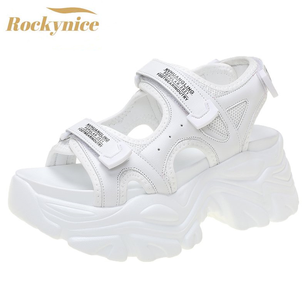 

sandals 2021 summer 8cm wedge heels sneakers women beach flip flops high platform casual breathable walking slippers, Black