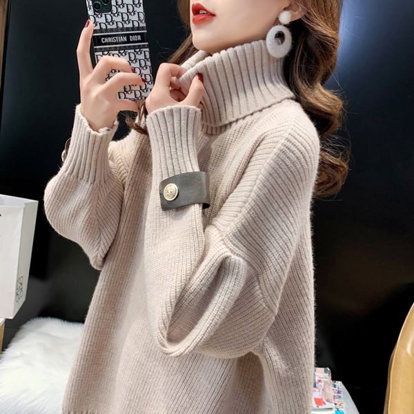 

casual female 2021 autumn/winter new turtleneck tall thick sweater mid-loose retro hong kong style mesh yuwd, White;black