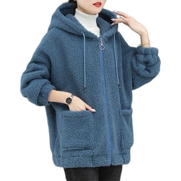 

plush thick warm faux lamb wool coat women autumn winter plus size loose hooded outerwear ladies zipper cardigan hoodie 211220, Black