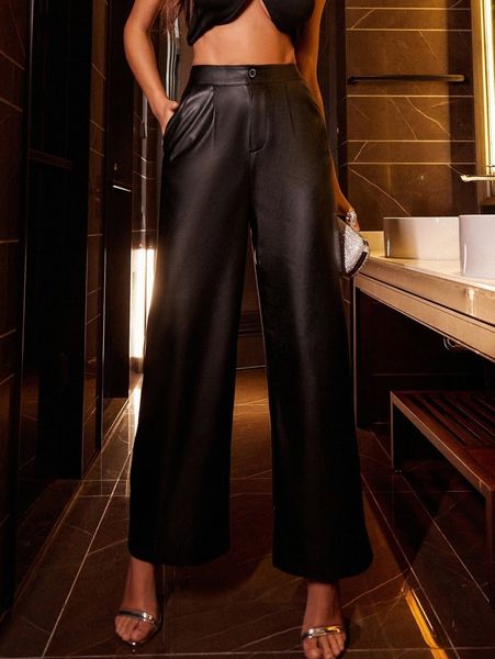 

high waist pu leather wide leg pants b68k#, Black;white