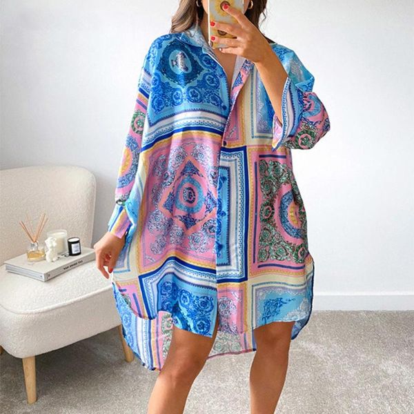 

casual dresses vintage graphic print shirt dress women v neck long sleeve blue green loose beach syle party mini autumn, Black;gray