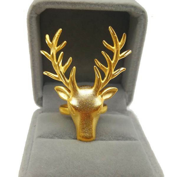 Simpatico anello aperto con testa di cervo in oro giallo 18 carati, regalo unico per gioielli di moda da cocktail da donna