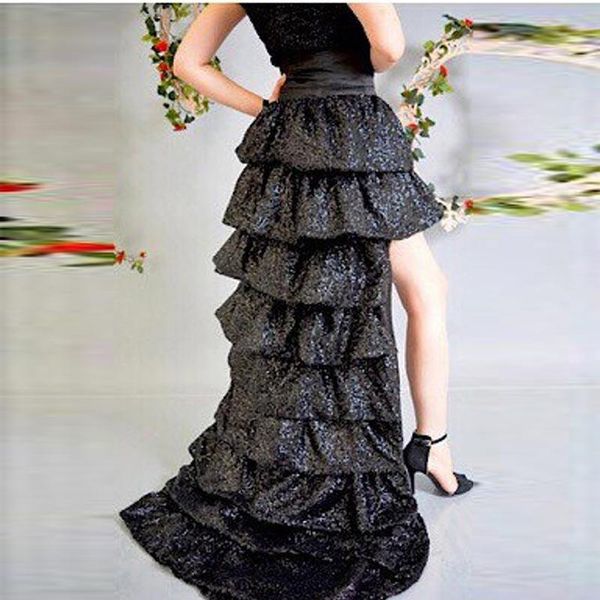 

skirts chic 2021 sparkle black sequined tiered high low tulle zipper ruffles real image long maxi skirt women