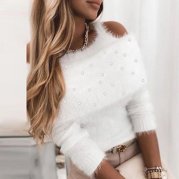 

women's sweaters women off shoulder hollow out warm sweater 2021 autumn and winter solid knitted casual lady chic pullover, White;black