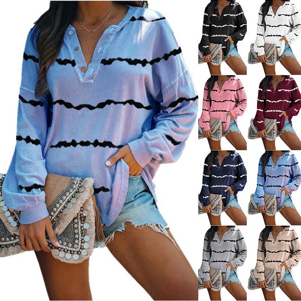 

2021 women's wear stripe print v-neck button long sleeve t-shirt, White