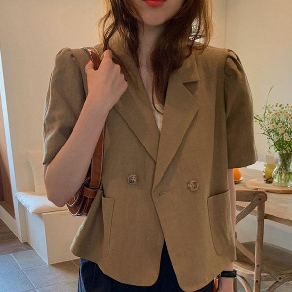 

summer women's jacket retro korean style pure color lapel all-match puff sleeve jacket new loose short suit jackets ll405, Black;brown