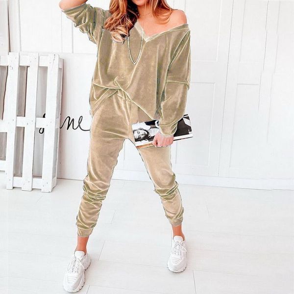 

gym clothing women solid velvet v-neck long sleeve simple casual suit spring autumn loose elastic waist ladies sets drawstring loungewear, White;black