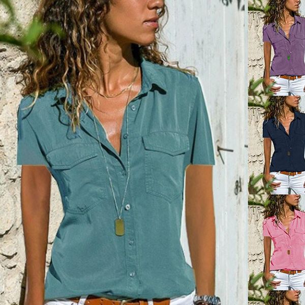 

women blouses 2021 fashion casual solid color short sleeve casual turn down collar pockets buttons shirt female new, White