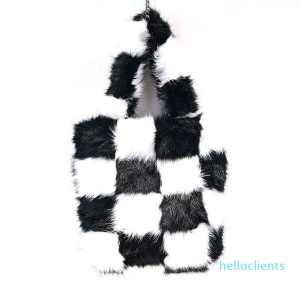 

south korea ins niche designer checkerboard messenger bag female fashionable black and white checked furry handbag