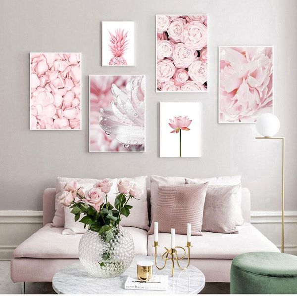 

paintings pink pineapple rose lotus flower wall nordic botanical floral print scandinavian canvas painting contemporary art picture