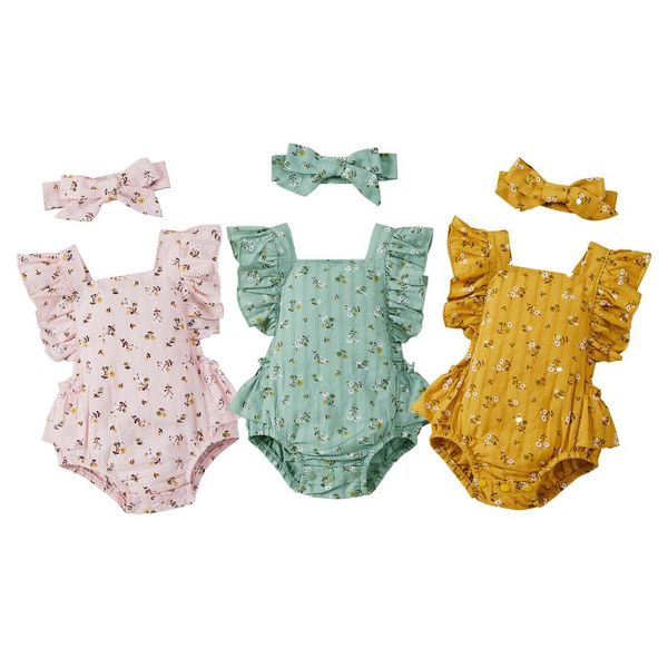 

rompers princess summer 2 pcs born floral outfits baby girl tie-up ruffled sleeve square collar romper + bowknot headband, Blue