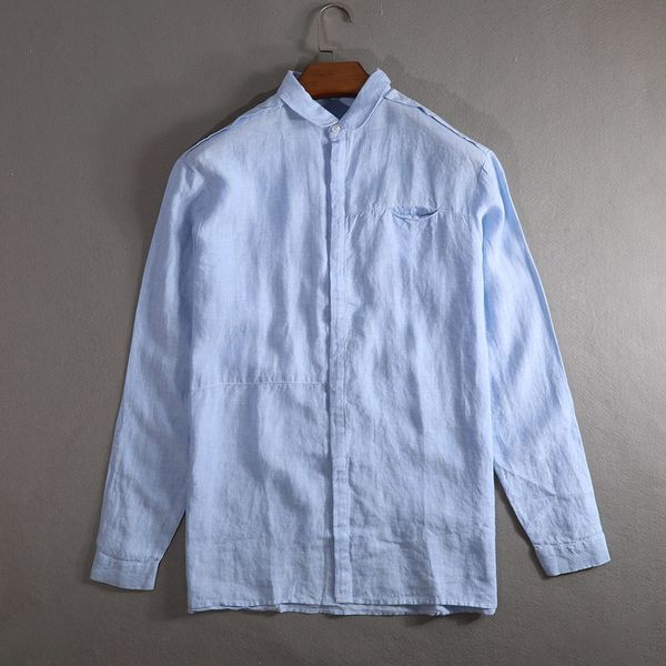 

2021 new linen men's turn-down round neck collar simple long sleeve casual shirt mens flax autumn shirts male chemise camisa 209c, White