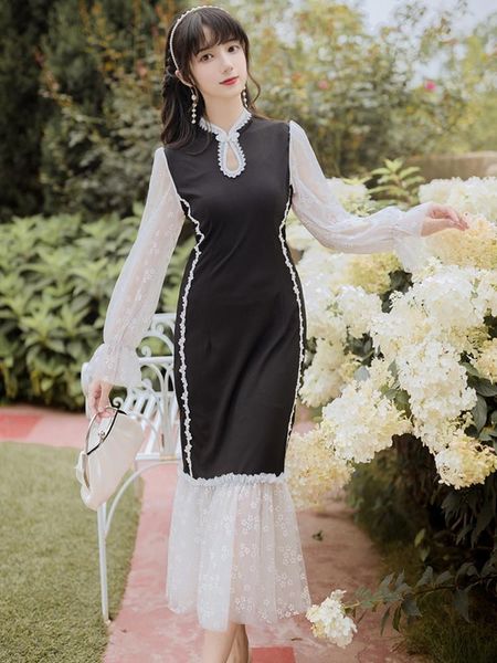 

ethnic clothing to cultivate morality show thin cheongsam modified black dress net yarn splicing fishtail skirt can wear 3083 daily, Red