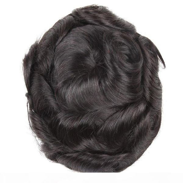 

8x10 pure color #1b men's wig hairpiece human hair toupee wig mono base breathable toupee for men system wavy style, Black