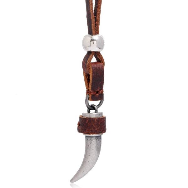 

pendant necklaces wolf teeth 2021 arrival fashion long genuine brown leather vintage hoops men necklace women male female jewelry, Silver