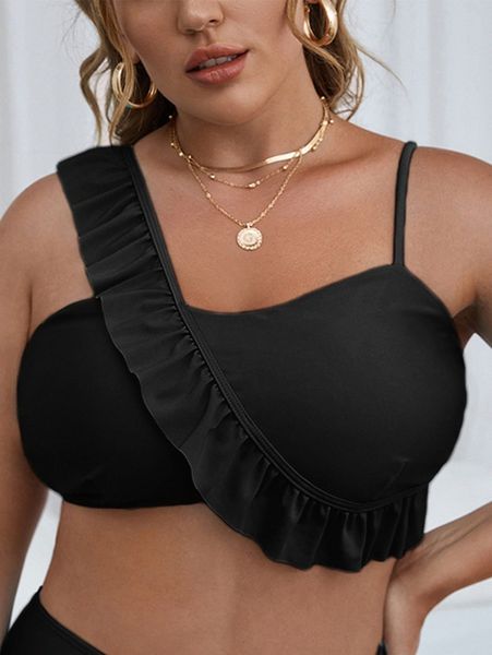 

plus plain ruffle trim bikini e69i#, Black