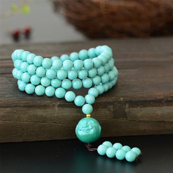 

beaded, strands beautiful 7mm natural raw mine blue turquois beads bracelet 108 mala buddha head pendant necklace men or women jewelry drops, Black