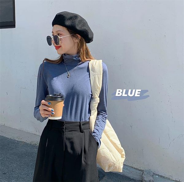 

women's t-shirt 2021 autumn solid color all-match thin soft waxy skin-friendly elastic high-neck female bottoming, White