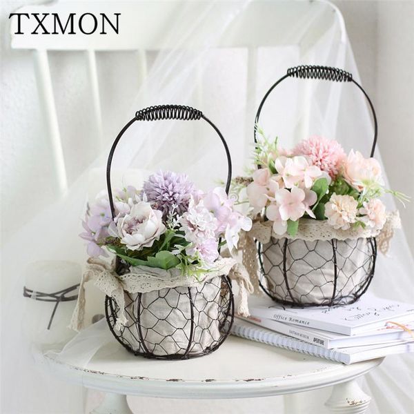 

decorative flowers & wreaths silk flower+wrought iron basket nordic wind simulation flower pot landscape set fake crafts oil painting decora