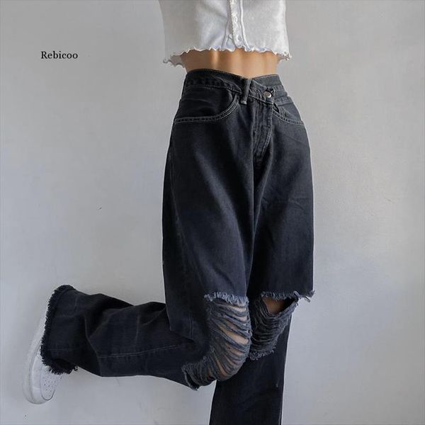 

black ripped straight baggy women jean mom boyfriend high waist wide leg korean punk vintage distressed denim pants, Blue