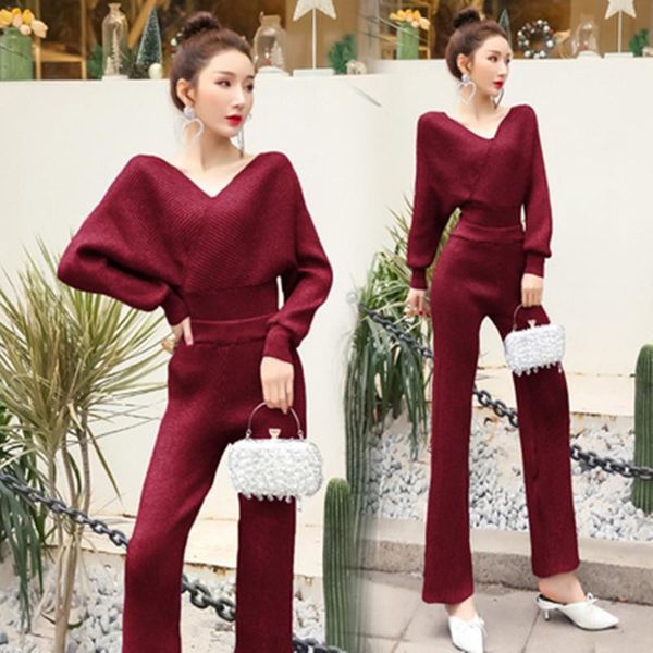 

women's tracksuits runway knitted two piece sets women autumn winter fashion v-neck backless batwing sleeve sweater + long pants, Gray