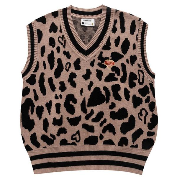 

men's vests harajuku leopard sleeveless vest sweaters women cotton v-neck knitwear pullovers couple streetwear top, Black;white