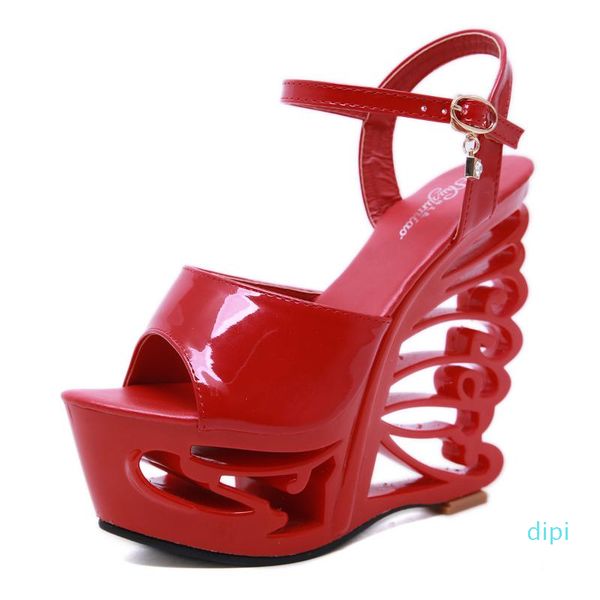 

wholesale-dress shoes summer women pvc abnormal platform wedge pu leather sandals open toe ankle strap buckle pumps, Black