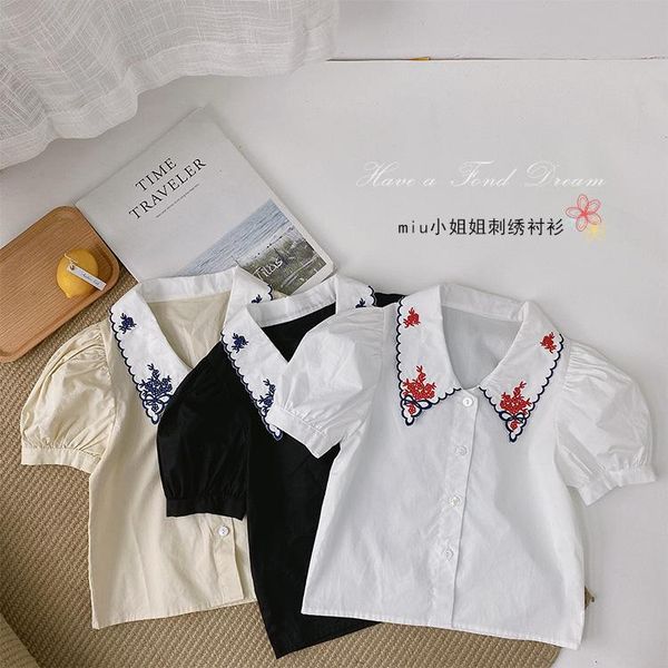 

shirts baby girls short sleeve blouse shirt 2021 summer floral embroidery puff sleeves vintage style blouses children white, White;black