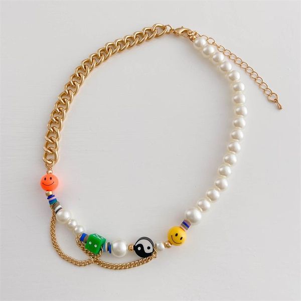 

chokers trend lucky smile necklace y2k yin yang rainbow dice cuban chain short neck girls pearl unusual choker jewelry gift, Golden;silver