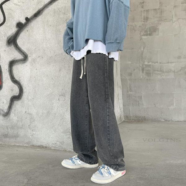 

men's jeans loose black/blue straight pants solid color casual baggy homme cargo pocket men denim trousers