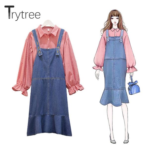 

women's tracksuits trytree 2021 women casual two piece set turn-down collar puff sleeve plaid blouse + denim dress ruffles hem 2, Gray