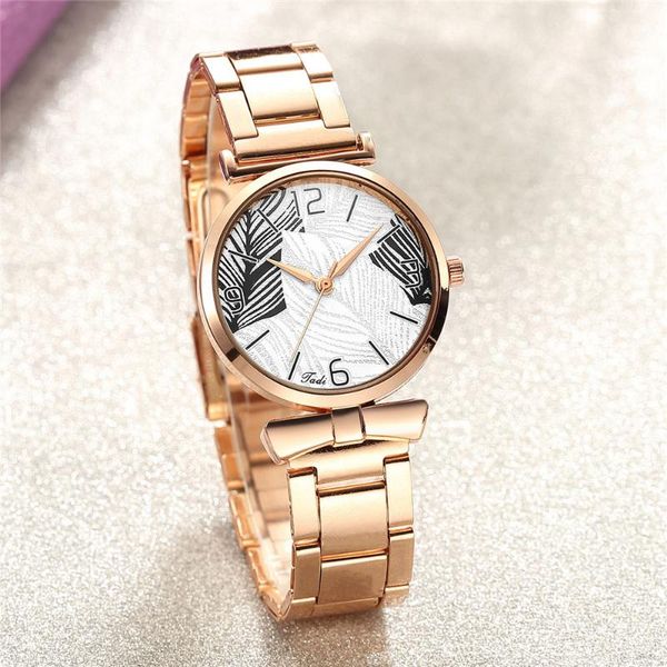 

wristwatches fashion watch for women sweet style simple leaf pattern decoration big numbers dial wrist steel belt quartz feminine clock, Slivery;brown