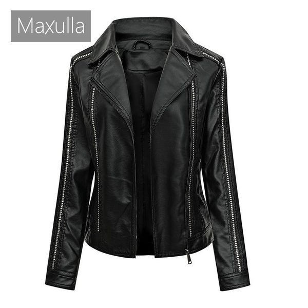 

women's leather & faux maxulla women jackets lady girl's zipper basic biker coats outwear windbreaker clothing, Black
