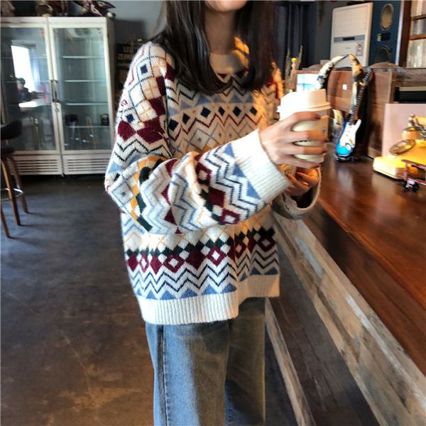 

2021 new autumn and winter women's pullover warm sweater diamond check round neck color matching student knit a72 8p7f, White;black