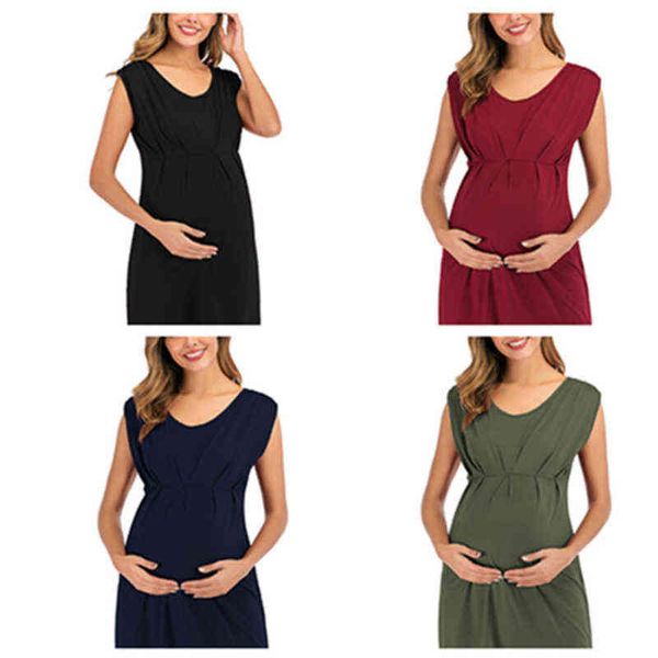 

pregnant woman dresses woman summer round neck leeve solid color fashion maternity elegant dress pregnant women clothes g220309, White