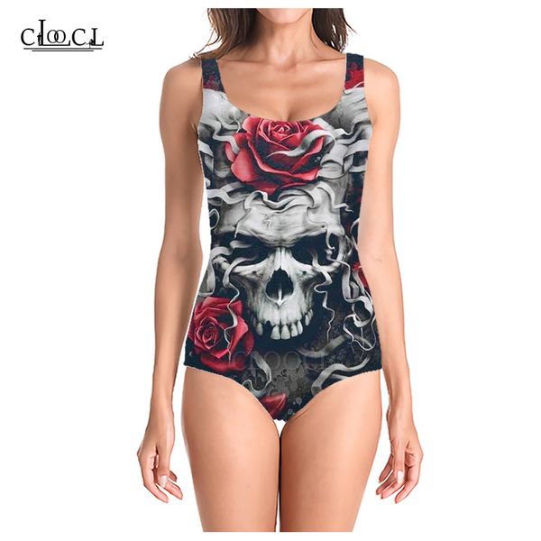 

cloocl popular skull 3d printed summer sleeveless women colorful swimsuit fashion swimsuits beach one piece swimwear, White;black