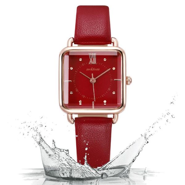 

wristwatches nektom drop luxury brand women's watches square rhinestone red leather band waterproof ladies watch, Slivery;brown