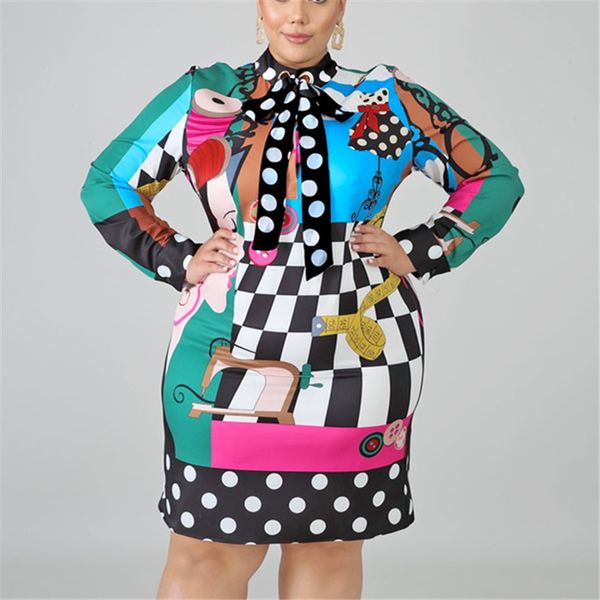 

2021 new plus women pirnt patchwork colorful with bowtie collor long sleeves large size ladies spring autumn elegant work wear gv5f, Black;gray