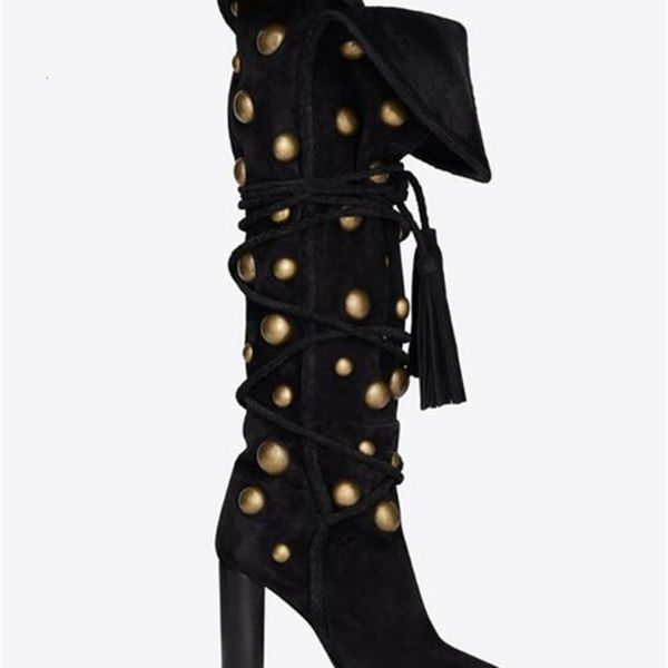 

boots women winter mark warm lace up rivets finger pointed robust leaps borla frown at the height of knee high-fashioned canon 11m7, Black