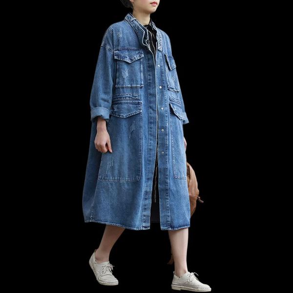 

women's trench coats korean fashion denim coat for women 2021 spring autumn single-breasted long sleeve loose big pocket female outerwe, Tan;black